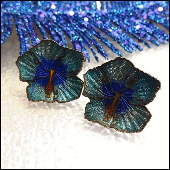 1950s French Cloisonne Vintage Copper Earrings Blue Orchids 16116 - Picture 1 of 6